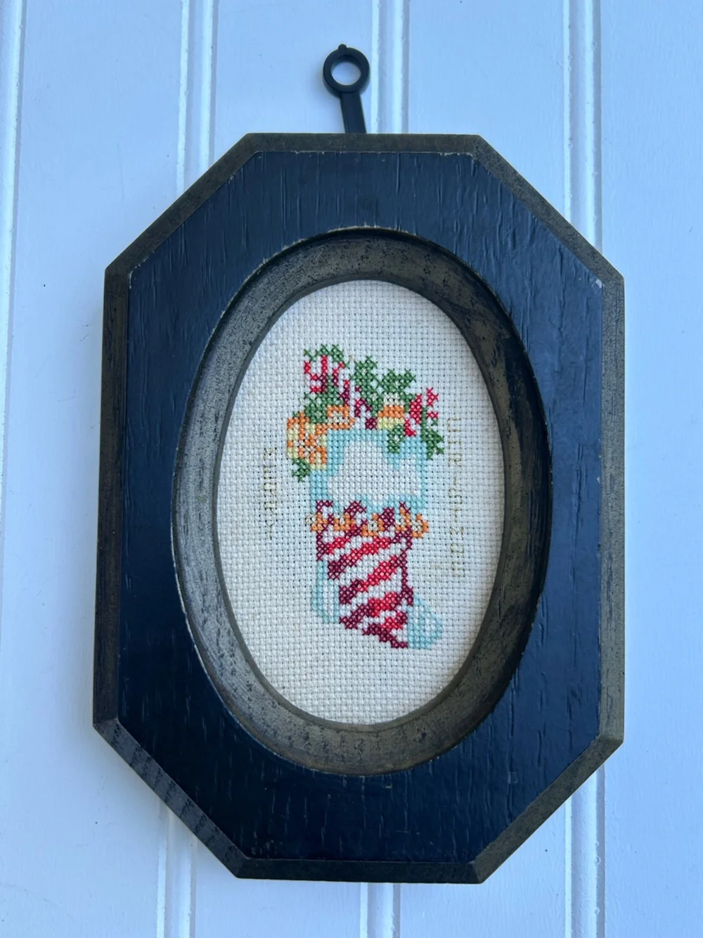 Vintage Cross Stitch Handmade Holiday Stocking Wall Hanging Merry Christmas 5x9